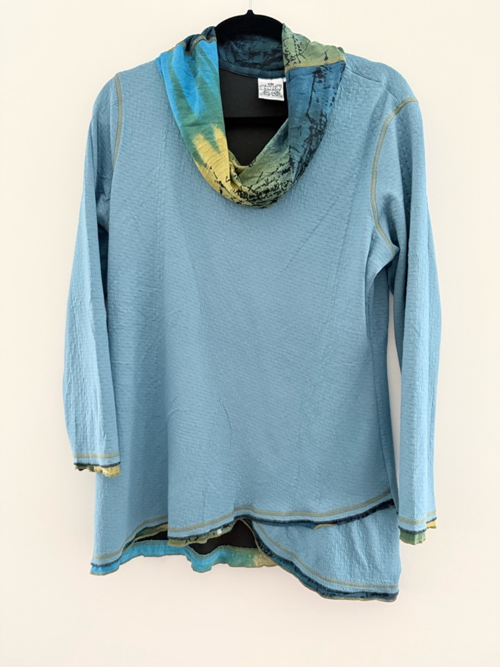 Light Blue Cowl-neck Long Sleeve Top with Colorful Trim